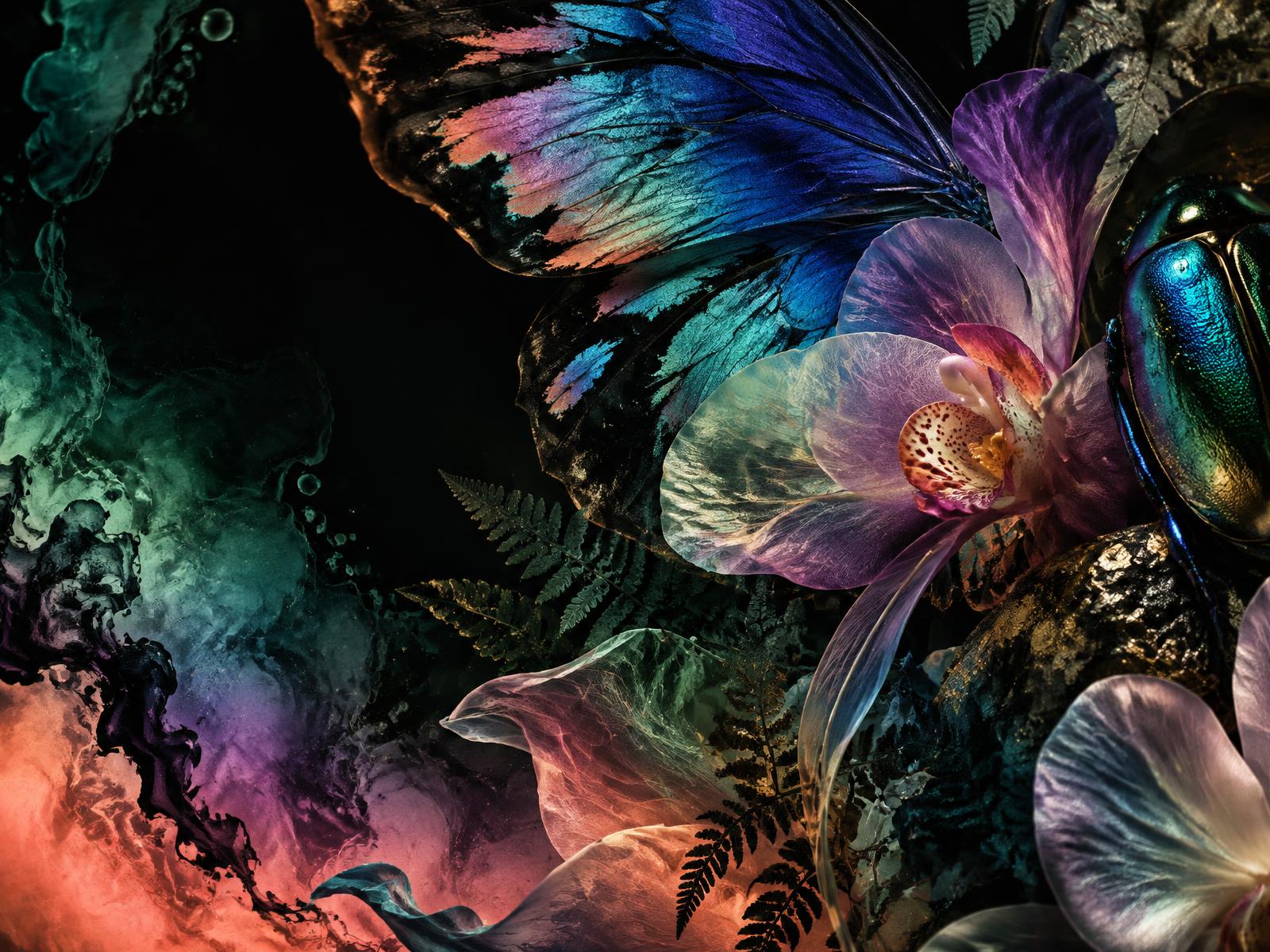 Surreal butterfly wing, orchid and iridescent botanical forms
